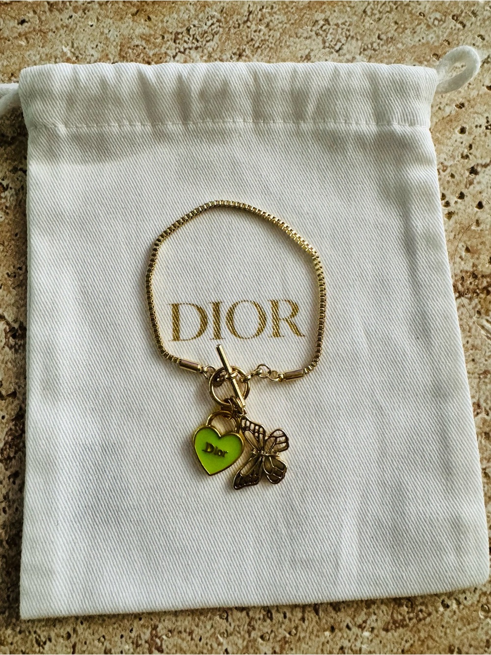 Dior Hardware on Gold Bracelet with 14k Butterfly Charm & Dior Dustbag